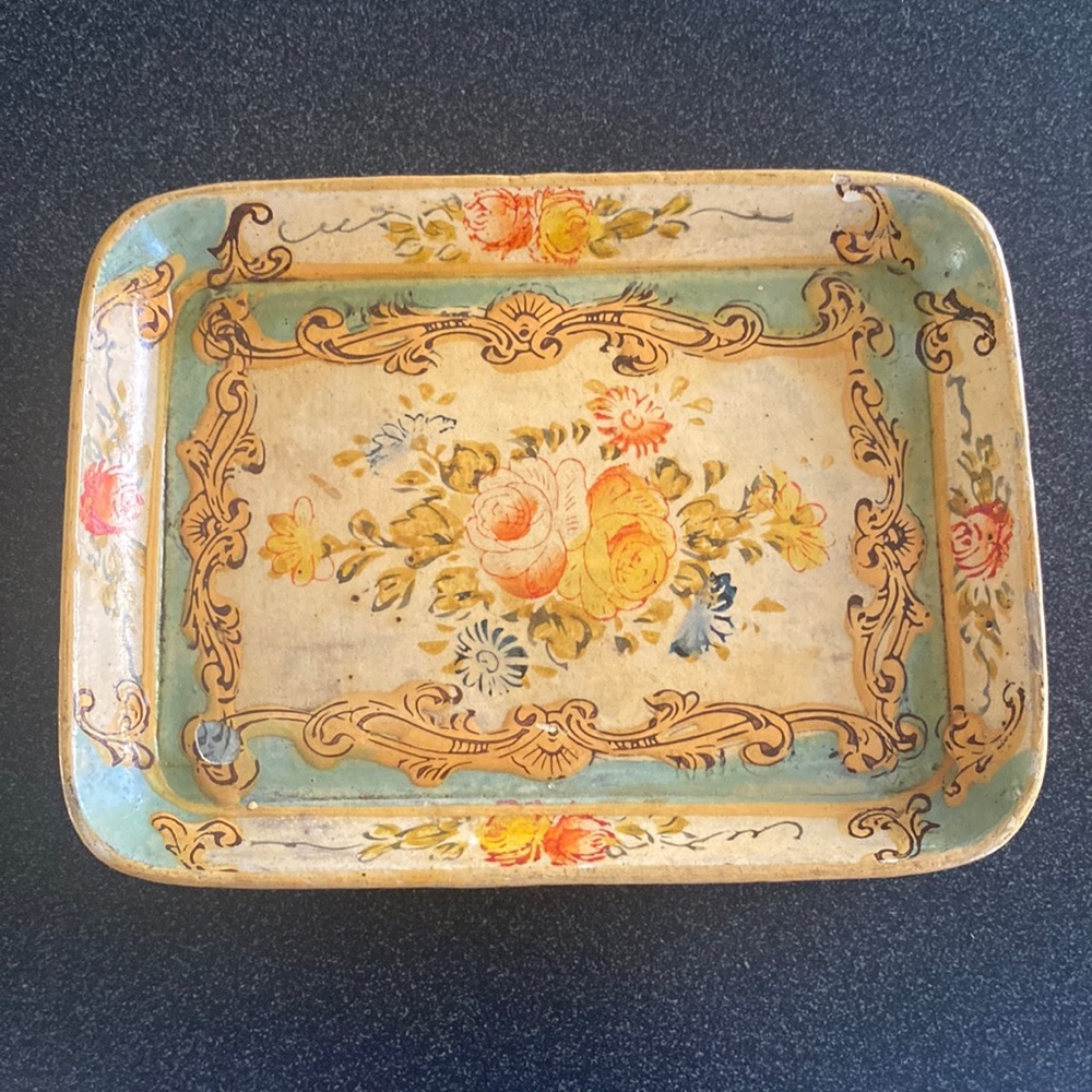 Vintage Paper Mache Tray - Turquoise Pink and Yellow Floral - Japan 5”